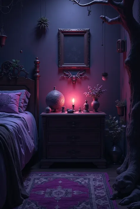 there is a frontal direct picture of a night stand, pagan witch bedroom, inside a wiccan bedroom, gloomy dark lighting, half lit room, decoration around the room, gloomy light masterpiece, dim ambient lighting, forest themed, rectangular picture frame on t...