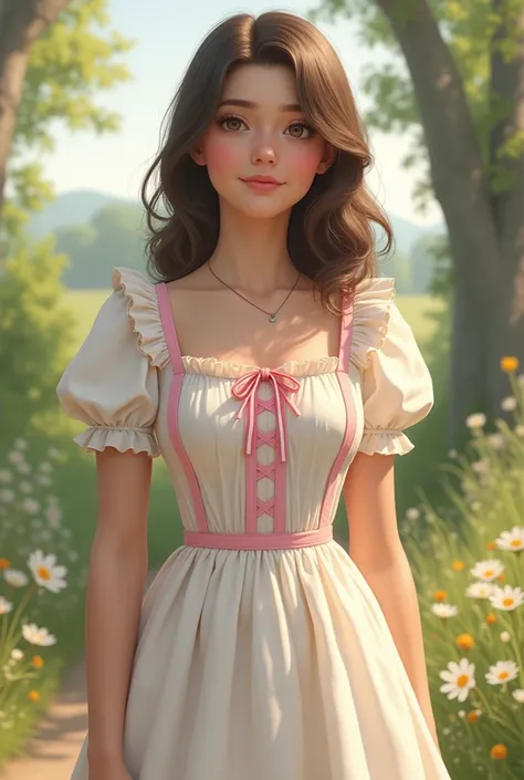 a cute milkmaid dress with pink ribbons worn by a brunette with mid length hair full body