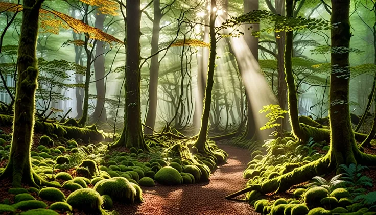 A thick, dense forest covered in a soft layer of morning mist. Sunlight filters through the towering trees, casting ethereal beams of light onto the forest floor, which is covered in moss and fallen leaves. The gentle fog creates a mystical, otherworldly a...