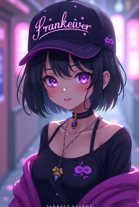 Create a photo of a girl with black and purple clothes and a cap that says frankeiver anime version 