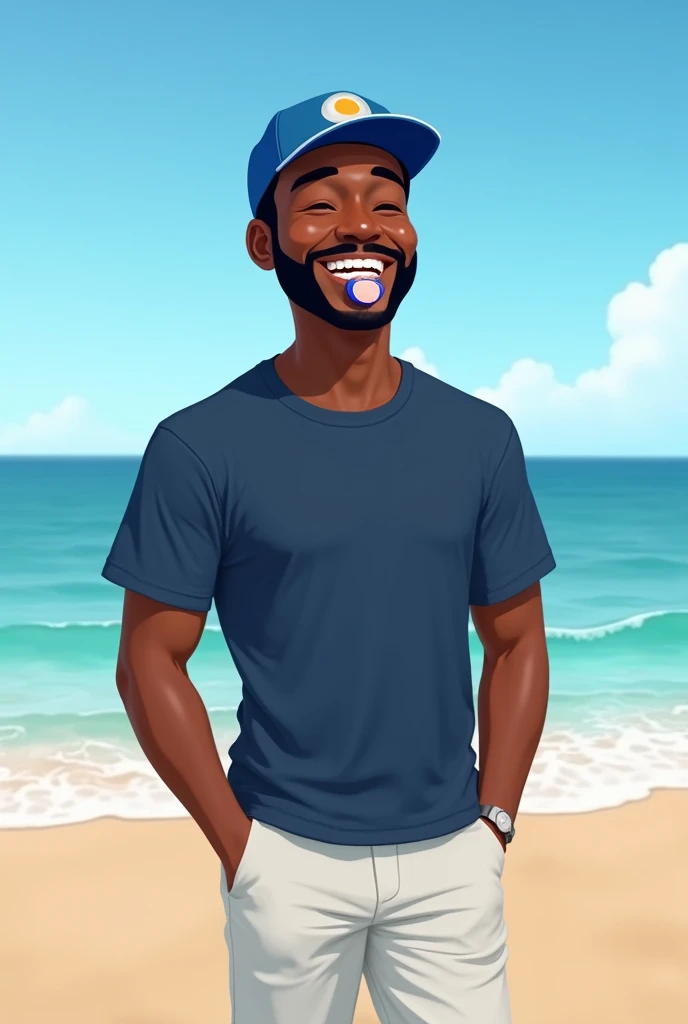  happy black man on the beach in dark blue and white clothes, blue cap and pacifier