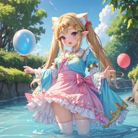 Princess Zelda、、Children、Under the sun、Slime、dress、Frills、Twin tails、Curly Hair、Peeing、Rubber balloon、red、Animal ears, Big ribbon、Embarrassing、Water Play