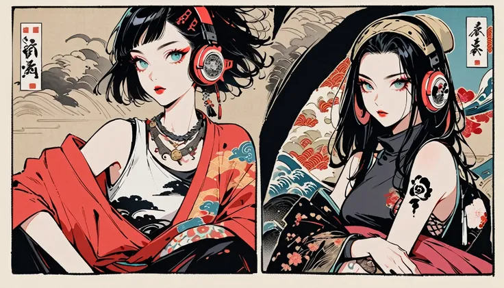 (((Ink Painting))), (((punk girl))), (((1 girl))), (((Flashy makeup))), (((Japanese style headphones))), (((Japanese patterned haori coat))), (((Japanese pattern tank top))), (((TATOO))), Japan人の美少女, Black Hair, Delicate and precise, Modern Ukiyo-e Style,J...