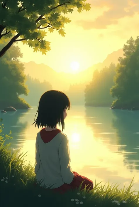 Anime  nature tree seen  morning  sunshine light  beside of any  lake where  girl watching that scene back  side show only of girl 