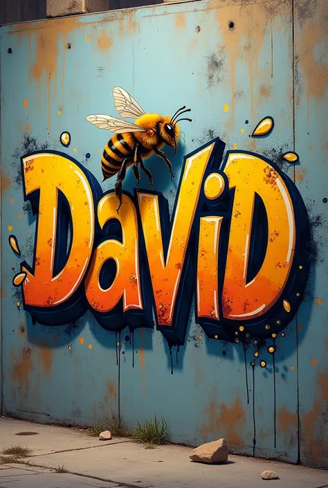 Name David in graffiti on the wall with a bee writing 