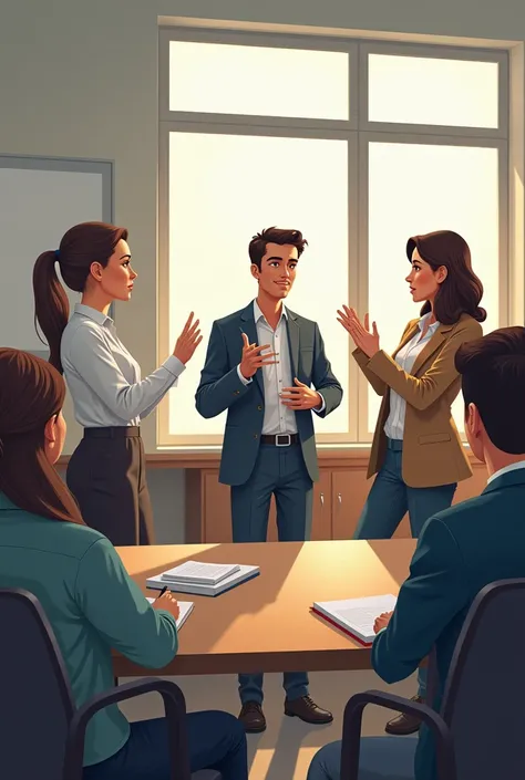 illustration: The three teachers debating in front of a group of colleagues, with skeptical and confused expressions.