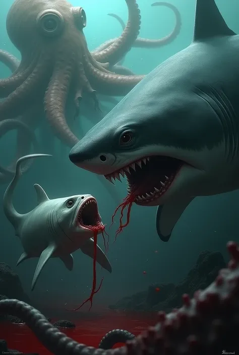 "Digitally created underwater scene showing a massive shark on the left, charging toward a smaller, wounded goblin shark on the right. The larger shark, with its sharp, jagged teeth and streamlined grey body, moves aggressively through dark, murky waters. ...