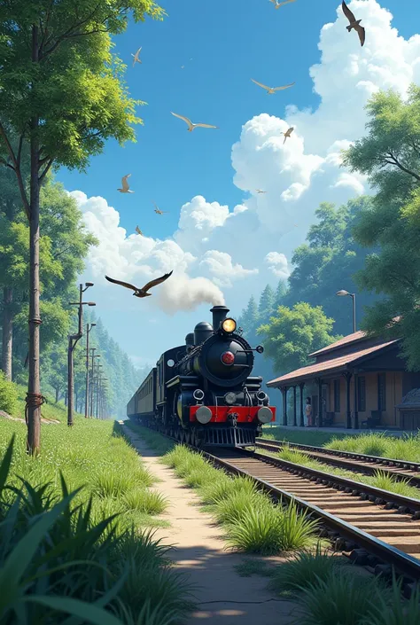 Train approaching towards station with beautiful green scenic plateform full of grasses, trees and  birds flying in rows