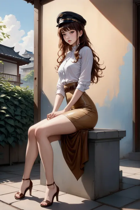 realistic anime illustration of young woman, sitting at park, she has black long wavy hair (+bangs, brown ombre hair, hat), wearing white 3/4 sleeve shirt, dark dijon-yelllow pencil mini skirt with brown belt, black ankle heels, ((masterpiece:1.2), (best q...