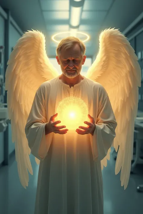 Create an Angel of light carrying the soul of a man in a coma in the hospital, the person is very happy and the angel is smiling 