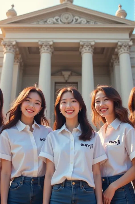 (ultra realistic image in 4k), five girls in front of a concert hall dressed in white shirts with a logo written Eun-Ji on the shirt, all with an expression of happiness