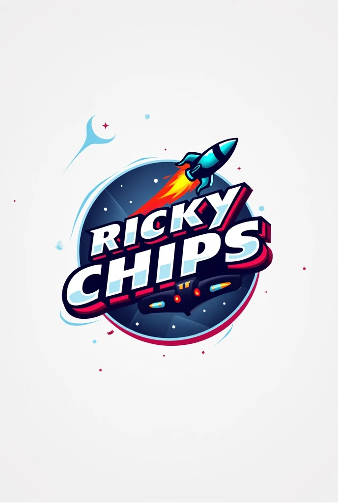 Generate a logo for Ricky Chips where the letter I in the words are literally rocketships