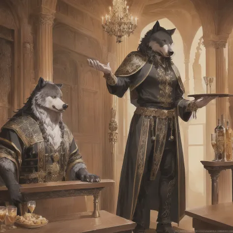 A majestic old wolf in a sorcerers robe, a regal black bear in ornate armor, and a bartender white bear standing in front of a medieval tavern, medieval landscape, high quality, intricate details, cinematic lighting, fantasy art, dramatic colors
