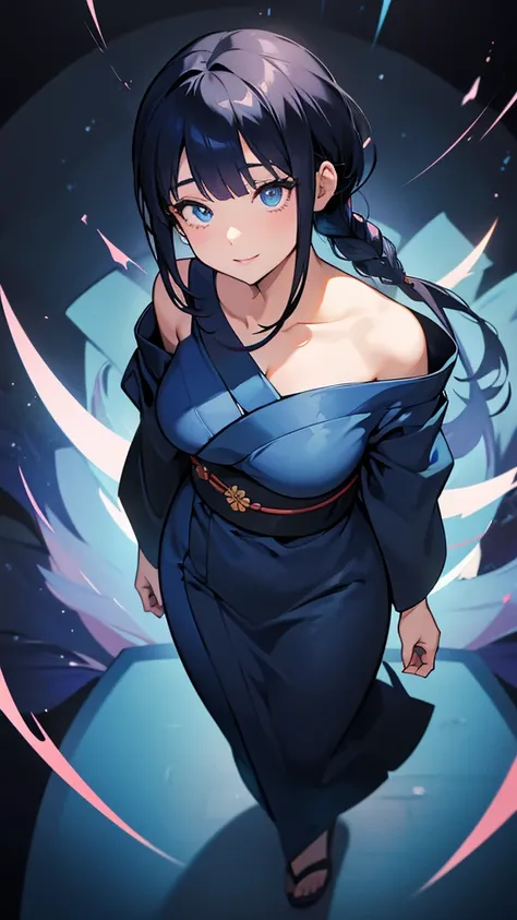 one adult woman、anime、High angle、looking up、downturned eyes、blue eyes、small nose、full lips、medium black hair、playful smile、off-the-shoulder,dark blue kimono,bangs,overweight