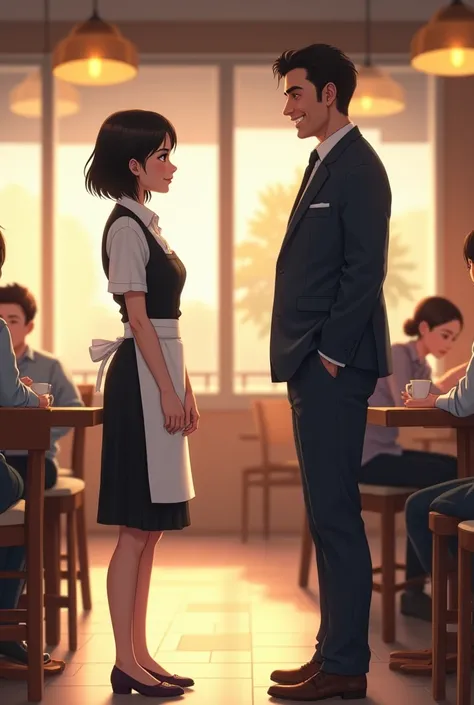 A short black haired waitress woman walks into a cafe and sees her happy boss a black haired man in a suit 