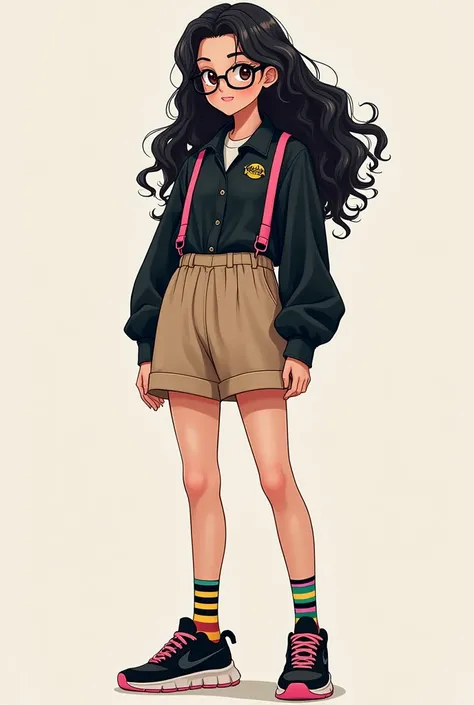 Make a character a young female character with long black curly hair, square glasses and brown eyes. you wear a black dress shirt with neon, a pair of light brown suspender shorts, with a black sock and colorful stripes that goes up to the knee, and a blac...