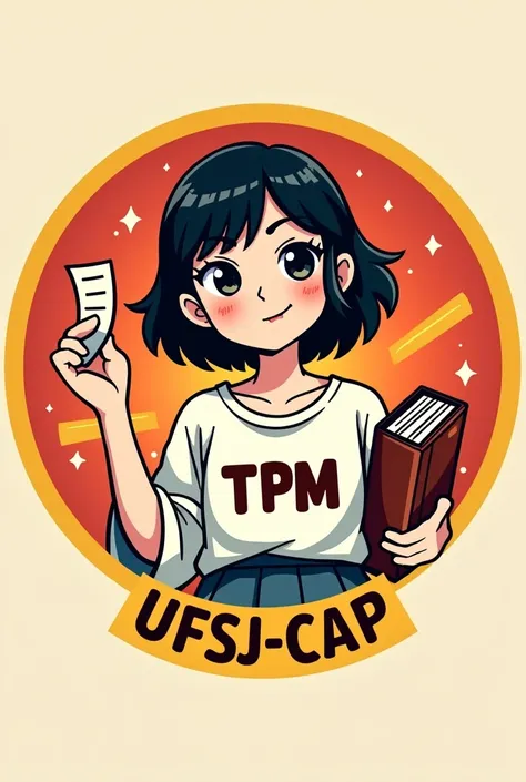 A round shaped logo, with a  in the center with black hair, stuck but cooler, the girl is wearing a blouse with tpm written on the bottom, holds a written TPM strip which is the highlight of the drawing, In the other hand she holds a book showing that she ...