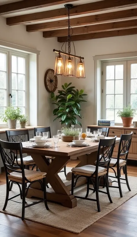 Dining room decorated in a farmhouse style interior design