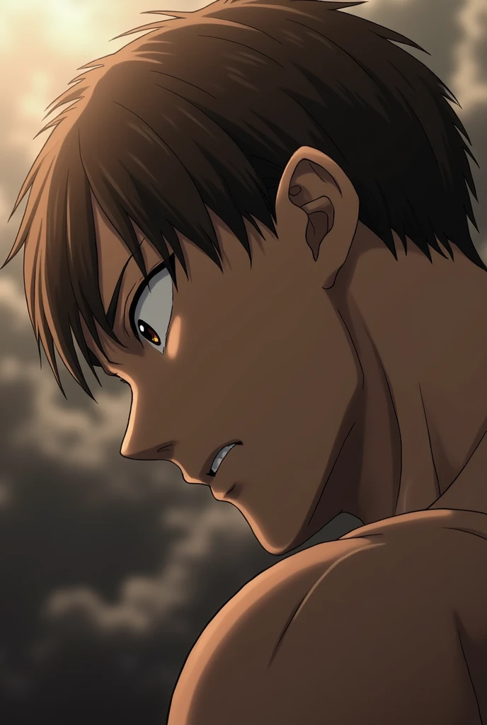 Season 1: Please create an Attack on Titans screenshot of a man with "brown" hair and "black" eyes. He is "stocky and with a well-trained body". With the character of "Reiner Braun". With a screenshot of the artwork from Mappa studio. In profile 