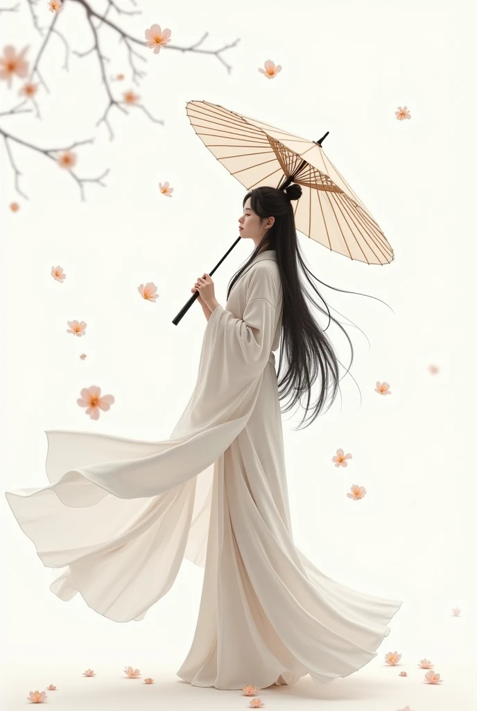 ArtInk Painting，3D Ink Painting，minimalism，Minimalism Graphics，Minimal Art，Chinese anime girl，whole body，Chinese，，Ink Painting，umbrella，Falling Flowers，Black long hair，Black and white background，Ancient styleWhite space，White space，Large White Space，Textur...