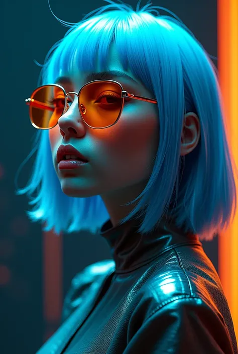 an award-winning masterpiece,  (photorealistic 1.2) a girl with blue hair dressed in sunglasses, in the style of futuristic digital art, flower punk, shiny/glossy, dark teal and orange, Hasselblad H6D, charming characters, lively colors --ar 1:2 --stylize ...