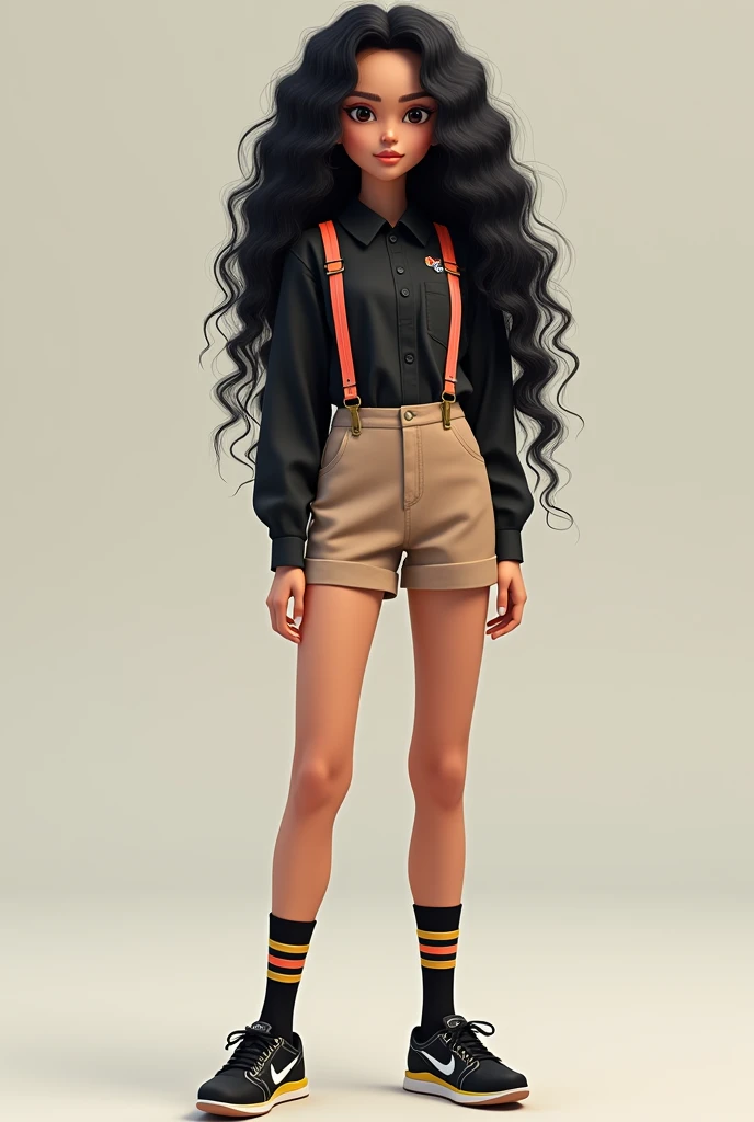 Make a character a young female character with long black curly hair and brown eyes.. you wear a black dress shirt with neon, a pair of light brown suspender shorts, with black socks and three colored stripes that reach the KNEE, and a black sneaker with c...