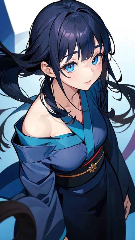 one adult woman、anime、High angle、looking up、downturned eyes、blue eyes、small nose、full lips、medium black hair、playful smile、off-the-shoulder,dark blue kimono,bangs,overweight