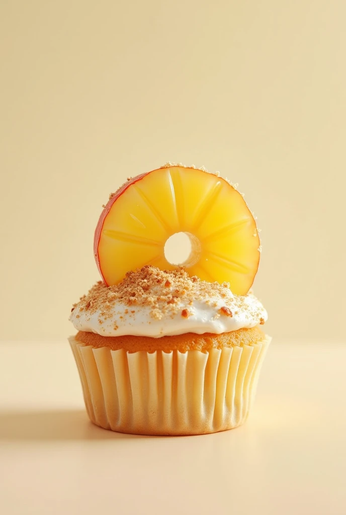 A cupcake that has a circular piece of pineapple filling and apple tart toping