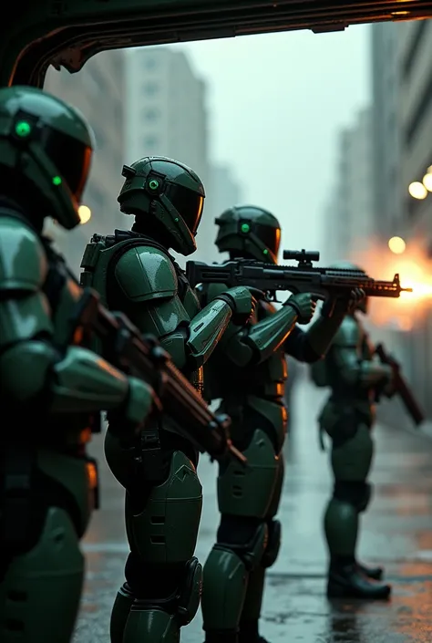 Futuristic Soldiers with advanced armor lined up through the ships hatch, guns blazing, weaponry, and helmet, dark army green, street, overcast, reflection mapping, intricate design and details, dramatic lighting, hyperrealism, photorealistic, sharp focus,...