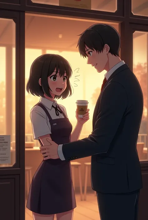 A short black haired waitress woman walks into a cafe surprised and sees her happy boss, a black haired man in a suit 