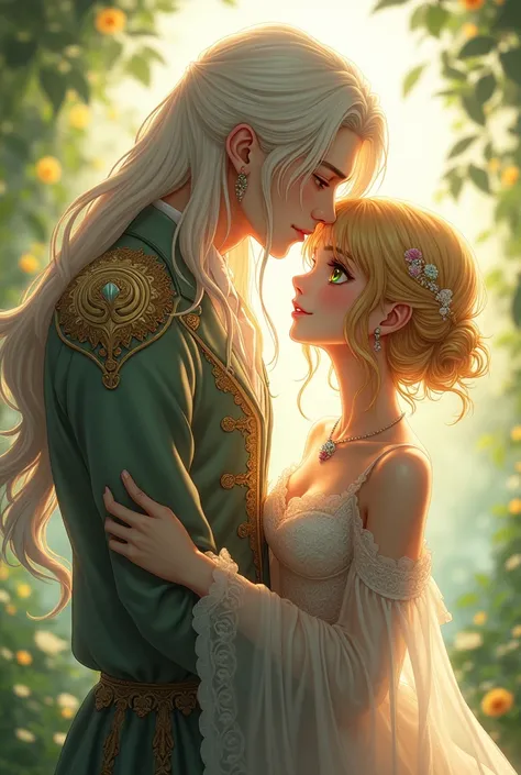 Tall guy, white hair, Long hair, yellow eyes, kisses the girl on the top of her head, she has yellow hair, Short hair, green eyes. beautifully dressed, qualitative, anime character