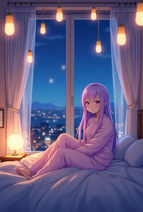 A girl is sitting relaxed on a bed in a room with a night view。Pale purple long hair、She is wearing pale pink pajamas。anime、smile, Best Quality, Adult cute、The interior is nice、Lots of pendant lights。