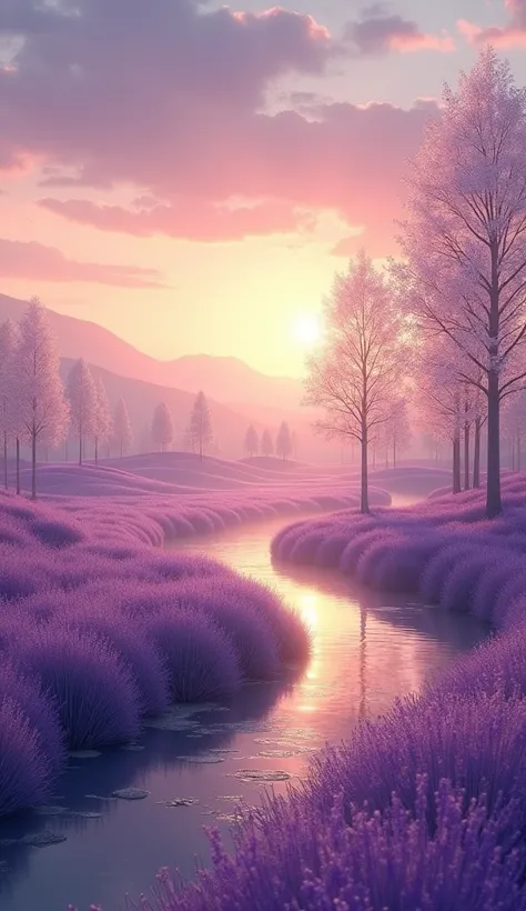 A surreal landscape at dusk, where soft pastel skies blend into deep lavender and golden hues, inspired by calming almond tones. The horizon features gently rolling hills covered in lavender fields, their fragrance wafting through the air. A peaceful river...