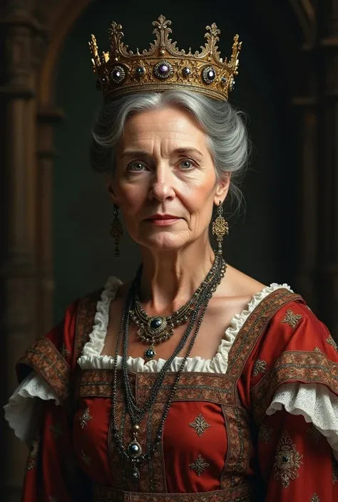 a realistic portrait of an 80-year-old Eleanor of Aquitaine, still crowned as queen, detailed facial features, intricate jewelry, ornate crown, regal attire, dramatic lighting, oil painting, high quality, cinematic, 8k, masterpiece