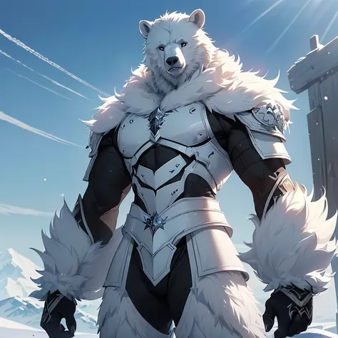 Masterpiece, High Resolution, Best Quality, HD, High Details, High Quality, Super Detailed, anime styled, high fantasy, "warcraft aesthetic".
{{(A male-adult-elder humanoid polar-bear warrior:(he has white fur, full body covered in white fur. Short polar-b...