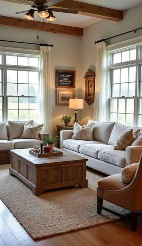 Living room decorated in a farmhouse style interior design