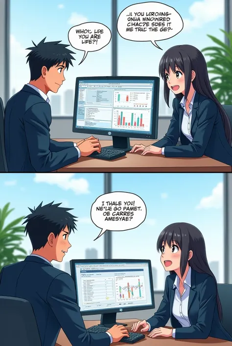 create comics in a company with employees in dialogues looking at a computer 2 comics in anime format