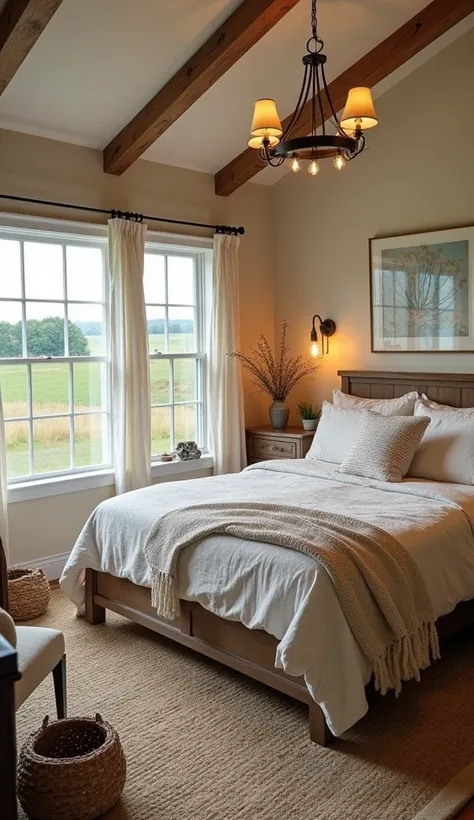 Bedroom decorated in a farmhouse style interior design