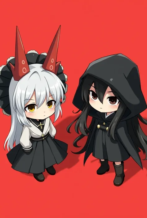 Black hood, black hair, 2 people, silver hair, red horns