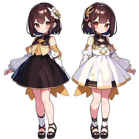 (((best quality))) , ((full body)), female, 2girls, multiple views, (white background), chibi,  white and brown theme,