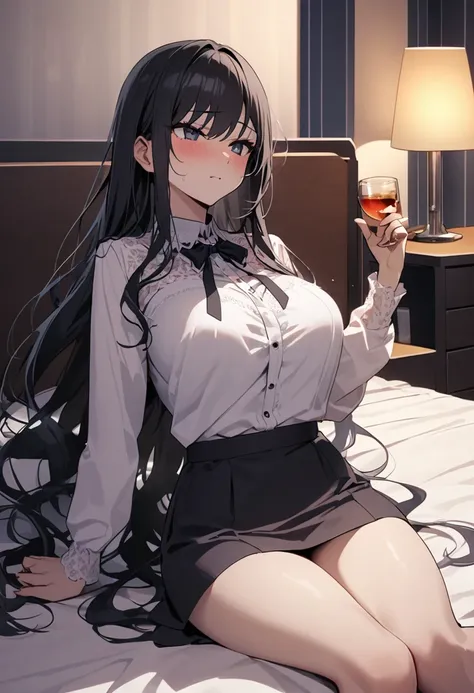 Love Hotel Scenario, an Italian girl with very long black hair, Large Breasts, thin, girl, the girl is wearing a blouse and a miniskirt with lapels、Drunk、Lying seductively in bed、Cheating、太ったおじさんに押し倒されるgirl