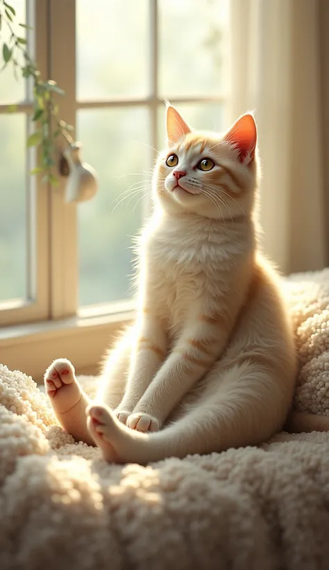 A scene where a cat shows both its front and back legs。You can see the difference between the five fingers on the front legs and the four fingers on the back legs.、A gentle stretching pose