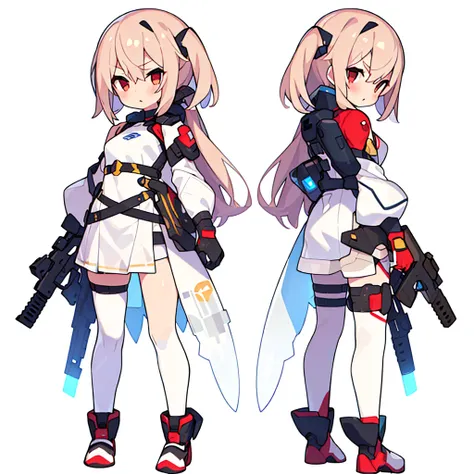 (((best quality))) , ((full body)), female, 2girls, multiple views, (white background), chibi,  holding weapon,  white and brown...