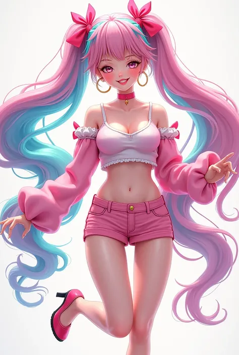 Accurate, Absurdly Long Hair, Rainbow Hair, Bangs, Double Pony Tails, Large breasts, Hoop Earrings, Blush, Smile, Parted Lips, Makeup, Looking at viewer, Hair Ribbon, Hair Bow, Pink White Croptop, Pink Micro Mini Skirt, Pantyhose, High Heels