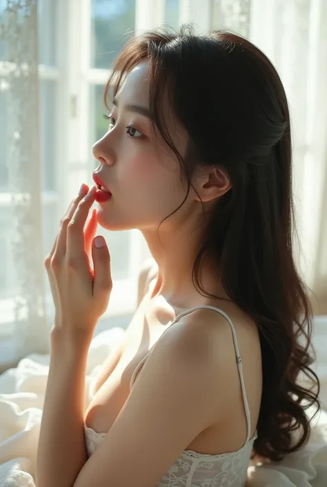 Title// Beautiful girl licks her own fingers sexily. BLACK, Character//cute Korean girl. Korean idle face, plump lips, (Plump cheeks and contours:1.4), angelic girl. Gray eyes. Large eyes. Narrow jawline. (plump cheeks:1.2), (Plump contours:1.2). A charact...