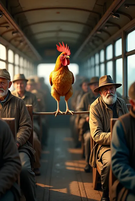 Inside an old bus, with country dwellers as passengers, a chicken appears on top of one of the benches.