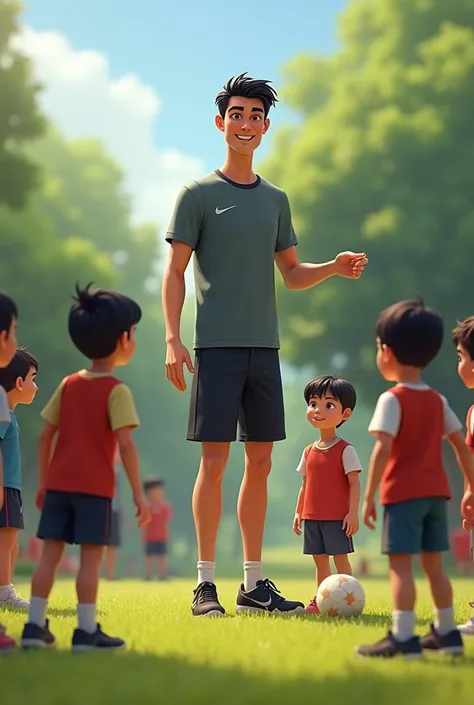 Tall skinny man with black hair and brown eyes, giving sports lessons to some children, me a realistic image