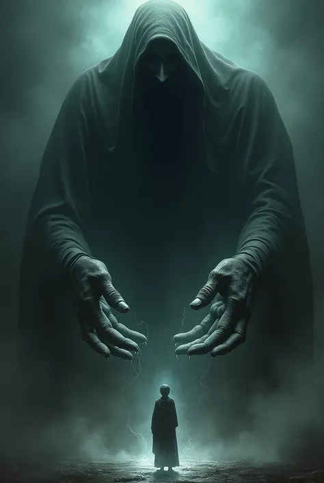 A dark entity holding out this hands with a small human infront of him