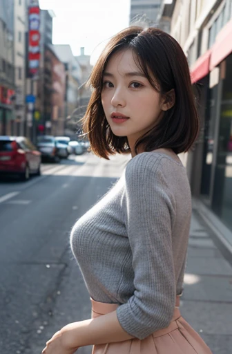 ((In 16K,highest quality,masterpiece,Realistic,RAW Photos,Super Fine Clear,Realistic Sunlight,wide shot,)),Detailed skin,Beautiful Japanese Woman,((30-year-old woman，)),office lady,big breasts,tall,unkempt bobcut,incredibly Detailed fingers,era of asian ey...