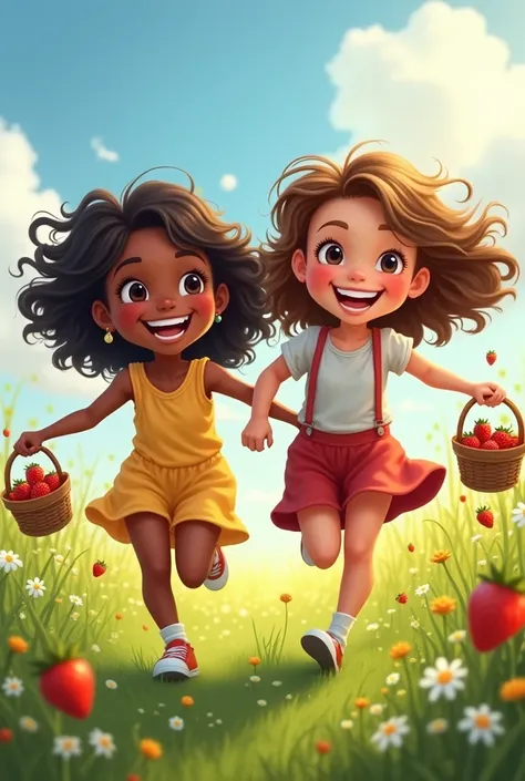 A little brown girl and a little white girls running in a field, both of them smiling tiny toothed smiles, long hair flying in the wind, small basket full of strawberries swinging from their elbows